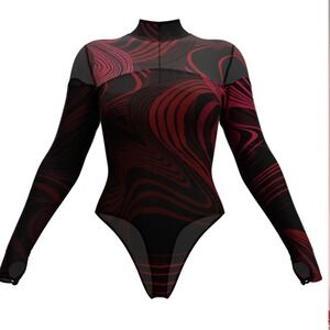 Andrea Iyamah Loma Mesh Bodysuit Red Black Size XL New With Tags